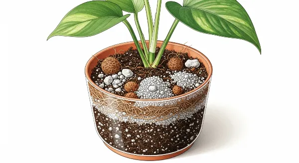 Ingrédients d'un substrat Pothos idéal : terreau, tourbe, perlite mélangés dans un pot de rempotage