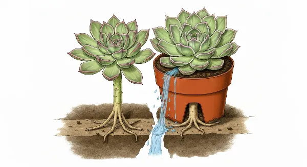 Eau s'écoulant rapidement d'un pot de succulente, montrant un excellent drainage