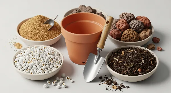 Ingrédients pour substrat maison : sable, pouzzolane, perlite, terreau