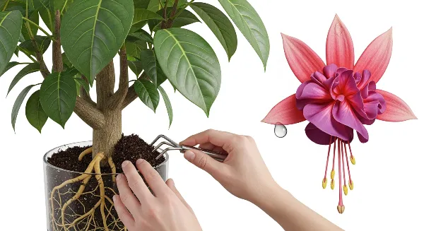 Personne surfacant une plante d'intérieur avec une griffe, terreau frais à côté