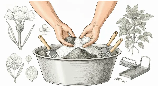 Mains mélangeant des composants pour un terreau léger et aéré fait maison