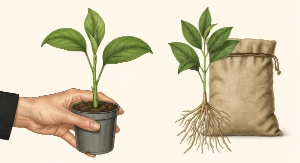 Main tenant une plante d'intérieur saine dans un pot, avec un terreau universel de qualité