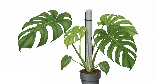 Monstera luxuriant avec tuteur en mousse, feuilles découpées et racines aériennes visibles