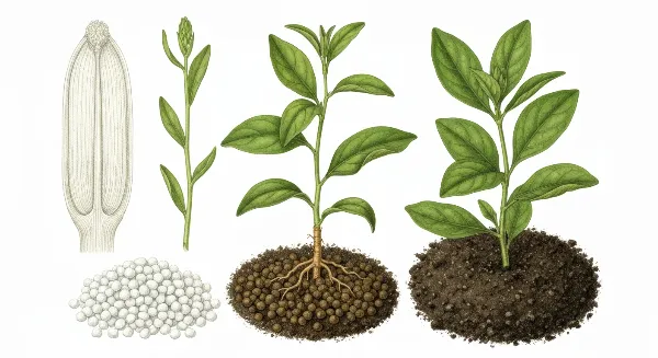 Perlite et vermiculite mélangées à du terreau, favorisant la croissance de jeunes pousses vertes